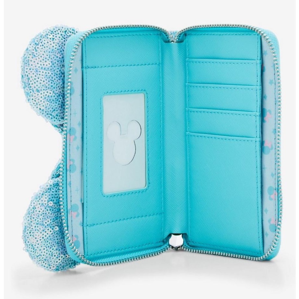 NEW Loungefly Disney Minnie Mouse blue Sequin Bow Mini Backpack and wallet set - Picture 9 of 12